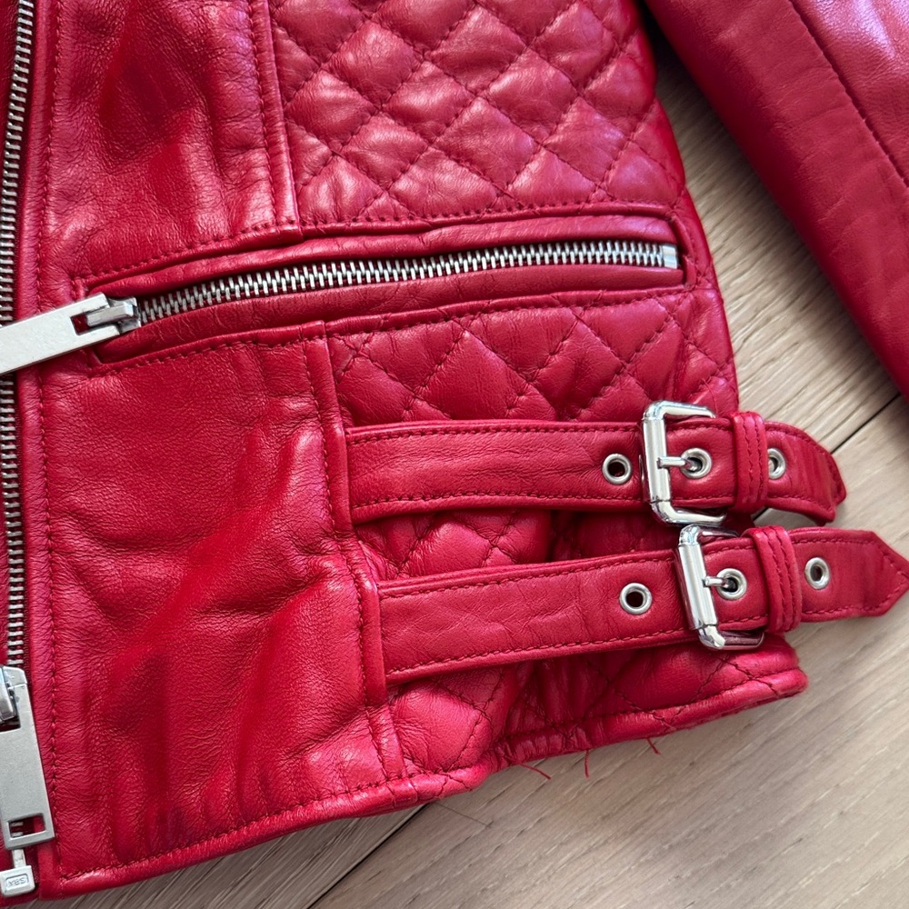 Zara Red Quilted Moto Leather Jacket - Picture 5 of 7
